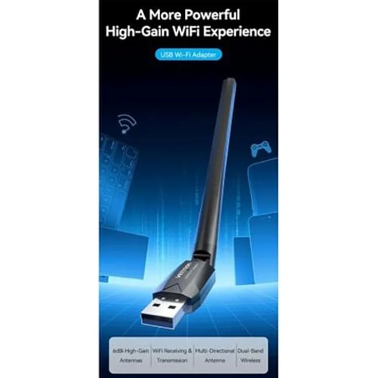 Vention AC650 USB Wi-Fi Dual Band Netzwerkadapter, 802.11ac/n/g/b/a, 200 Mbit/s (2,4 GHz), 433 Mbit/s (5 GHz), mit High Gain Antenne, Schwarz – Bild 2