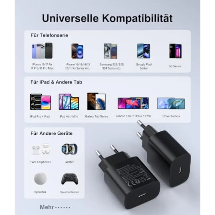 ANYKON 2er-Pack 25W USB C Ladegerät mit 1.8m Schnellladekabel, PD 3.0 Ladestecker für Samsung Galaxy S26/S25/S24/S23/S22/S21 Ultra und iPhone 17/16/15 Pro Max – Bild 4