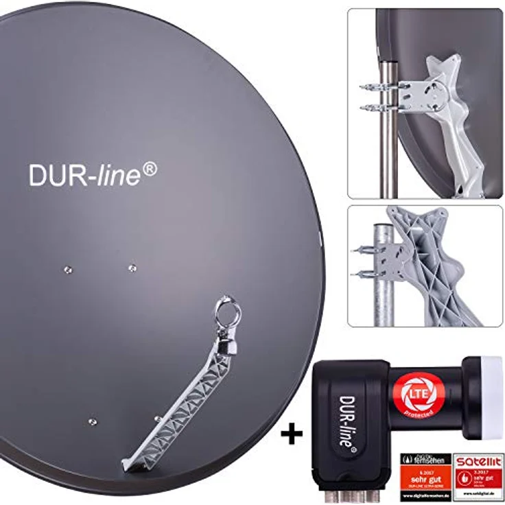 DUR-line 4 Teilnehmer Set - Qualitäts-Alu-Satelliten-Komplettanlage - Select 85/90cm Spiegel/Schüssel Anthrazit + Quad LNB - für 4 Receiver/TV [Neuste Technik, DVB-S2, 4K, 3D] – Bild 2