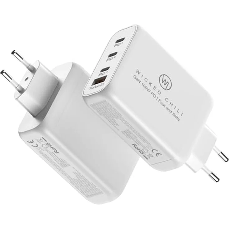 Wicked Chili 100W USB C GaN II Ladegerät | 4 Port Fast Charger PD Netzteil mit PPS kompatibel mit MacBook Pro, iPhone 16, 15, 14, 13 Pro Max Mini & iPad Pro (3X USB-C / 1x USB-A, Weiss) – Bild 3