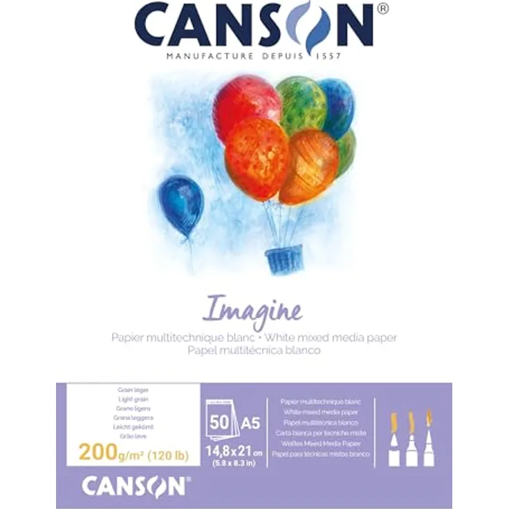 Canson Imagine Mixed Media Papier, leichte Körnung, 200 g/m², DIN A5, naturweiß, 50 Blatt