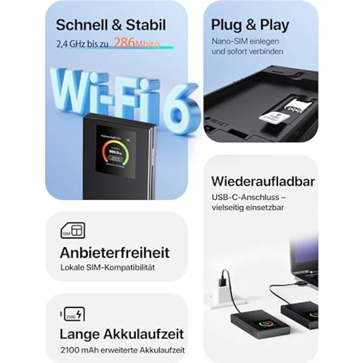 Tenda MF6 Mobiler WLAN Router, Wi-Fi 6 Hotspot mit 2100mAh Akku, LCD-Anzeige, USB-C, kompatibel mit Nano-SIM, Plug & Play – Bild 2