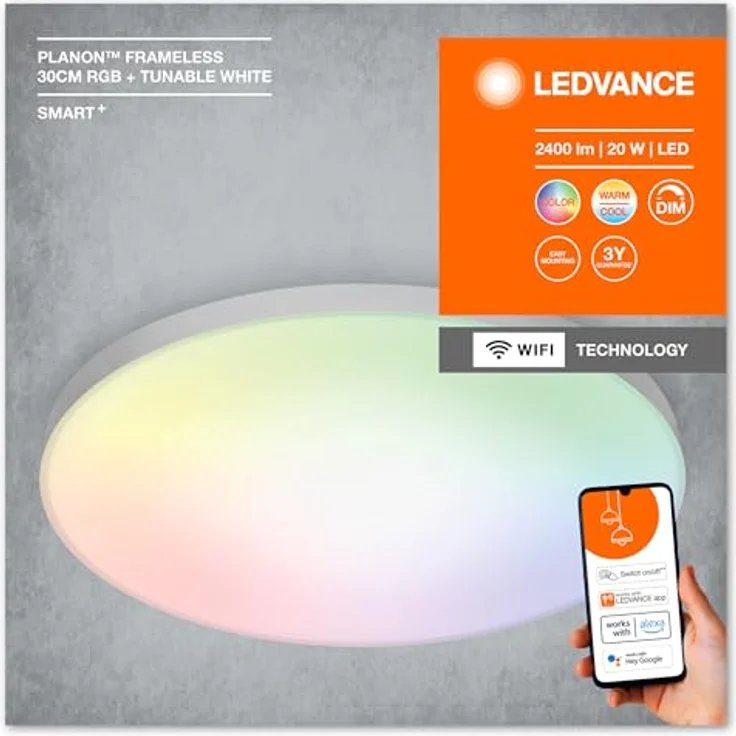 LEDVANCE SMART+ Smarte LED Deckenleuchte, Panel für Innen mit WiFi Technologie, Lichtfarbe änderbar (3000K-6500K), RGB-Farben änderbar, 300mm Durchmesser, Kompatibel mit Google und Alexa Voice Control – Bild 10