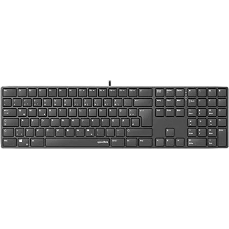 SPEEDLINK Riva Scissor Keyboard – PC Tastatur kabelgebunden, leise USB Tastatur mit flachen Tasten, ergonomische langlebige Scissor-Switches, mit 7 Multifunktionstasten, deutsches Layout, schwarz