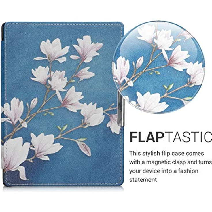 kwmobile Klapphülle kompatibel mit Kobo Aura H2O Edition 1, eReader Case mit Magnetverschluss, Kunstleder in Magnolien Taupe Weiß Blaugrau – Bild 2