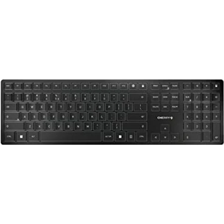 CHERRY KW 9100 SLIM, kabellose Tastatur, US-Internationales Layout, QWERTY Tastatur, wahlweise Bluetooth- oder Funkverbindung, SX Scherenmechanik, wiederaufladbar über USB-Kabel, flach, schwarz-silber – Bild 1
