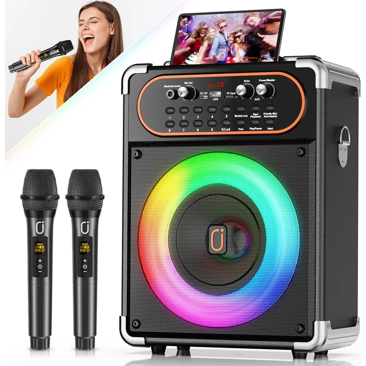 JYX S68 Karaoke Lautsprecher, tragbar mit 2 kabellosen Mikrofonen, Bluetooth, Disco-Licht, 12h Akku, schwarz
