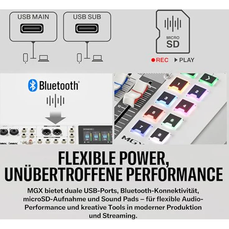 Yamaha MGX16 WH, 16-Kanal Digitalmischpult mit USB-Audiointerface, Bluetooth 5.0 und 4.3" Touchscreen, weiß – Bild 8