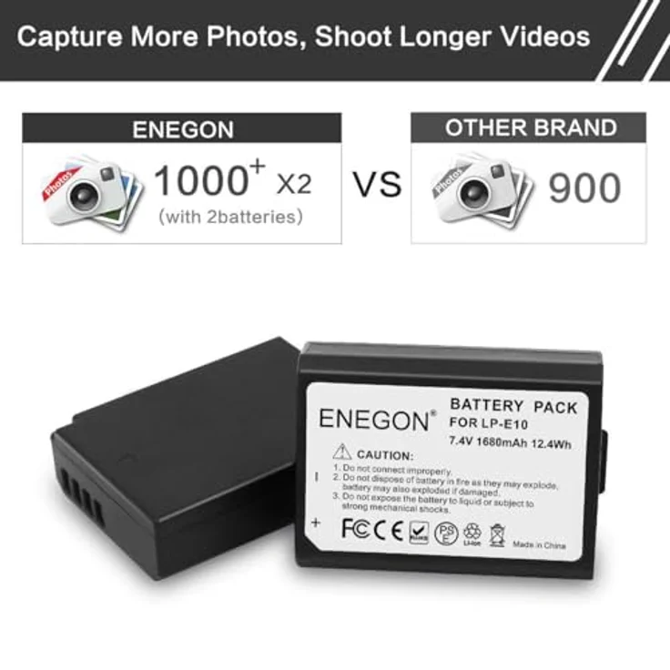 ENEGON Ersatzbatterie (2er Pack) und Rapid Dual Ladegerät, 1680mAh kompatibel mit Canon LP-E10, für EOS Rebel T3 T5 T6 T7, Kiss X50 X70, EOS 1100D 1200D 1300D 2000D 1500D 3000D 4000D – Bild 2