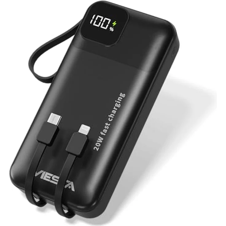 UMBRALE Powerbank 20.000 mAh, USB-C Schwarz – 22,5 W Fast Charging, PD 20 W, Integrierte Type-C & Micro-USB Kabel, Digitalanzeige & LED-Taschenlampe – Bild 1