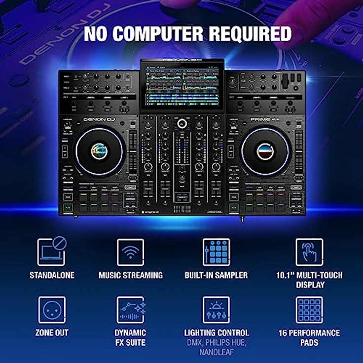 Denon DJ PRIME 4+ Standalone DJ-Controller & Mixer mit 4 Decks, WLAN-Musikstreaming, Drop Sampler, 10.1" Touchscreen, Beleuchtungssteuerung, interne FX – Bild 2