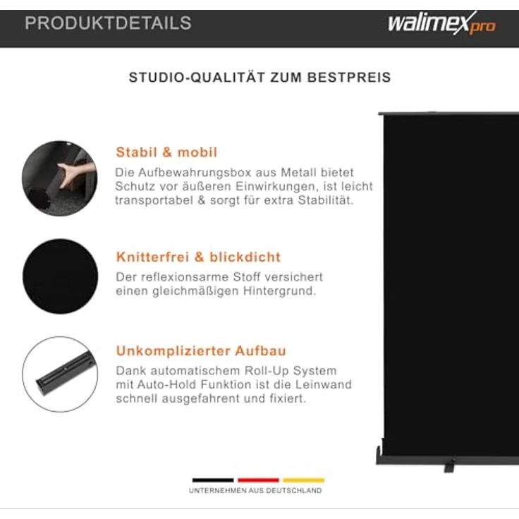Walimex pro Roll-up Panel Hintergrund, Selbst stehend, Schwarz, 210 x 220 cm, pneumatischer Spannmechanismus – Bild 5