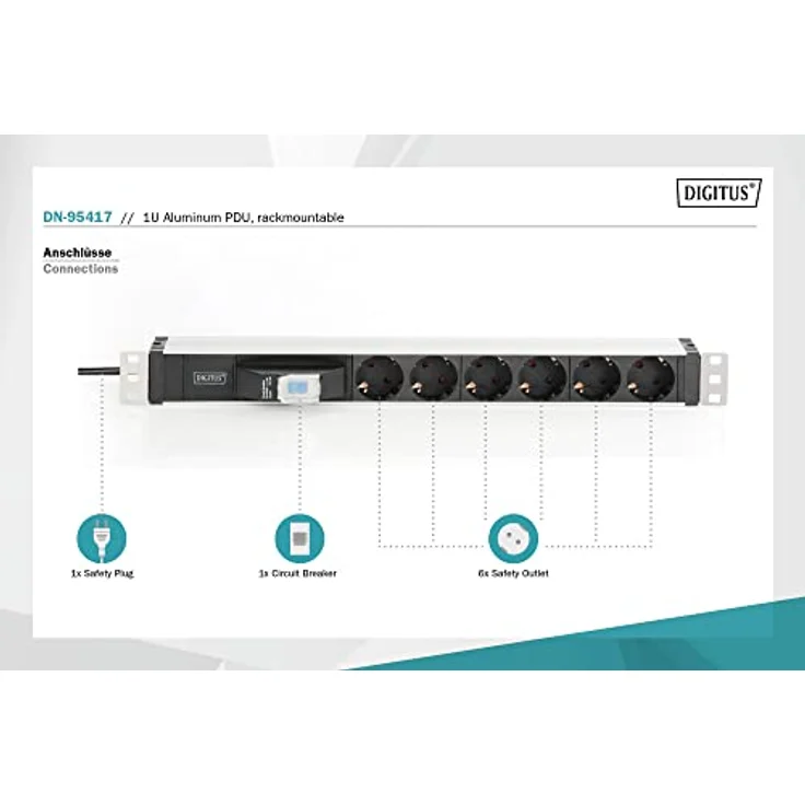 DIGITUS 1HE Aluminium Steckdosenleiste, Rack Mount, 6X Schutzkontakt, 16A, 4000W, 250VAC 50-60Hz, – Bild 3