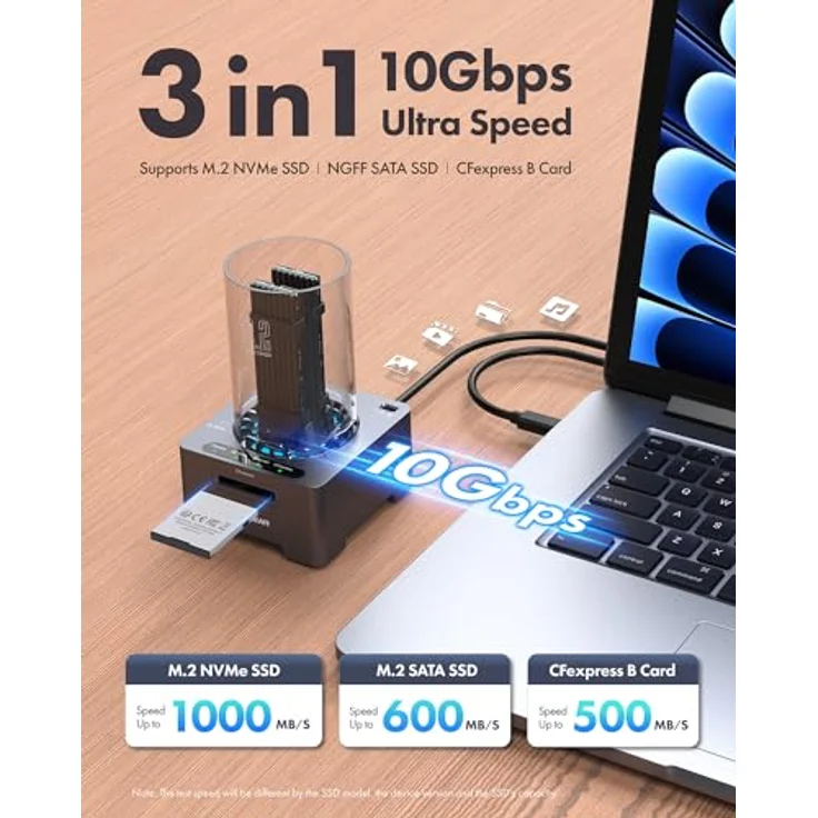 GRAUGEAR M2 Docking-Station für M.2 SSD, USB 3.2 Gen2x2, USB 4.0, leiser Lüfter, CFexpress Typ-B Kartenleser (3 in 1 Docking) – Bild 5