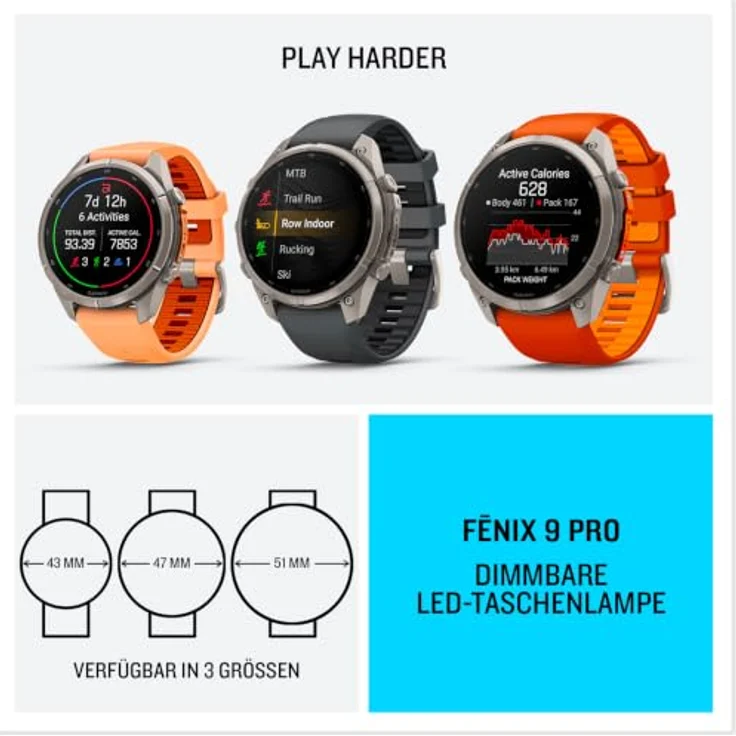 GARMIN fēnix 9 Pro - inReach, 47 mm Titan Smartwatch mit AMOLED Display, Titan Silikon, 22 mm, Graphit/Schwarz – Bild 7