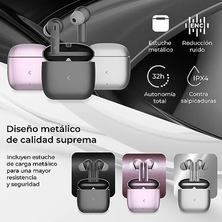 KSIX Meteor Wireless Earphones, Kopfhörer mit ANC, 4 Stunden Akkulaufzeit, Metallic Case, Grau – Bild 2