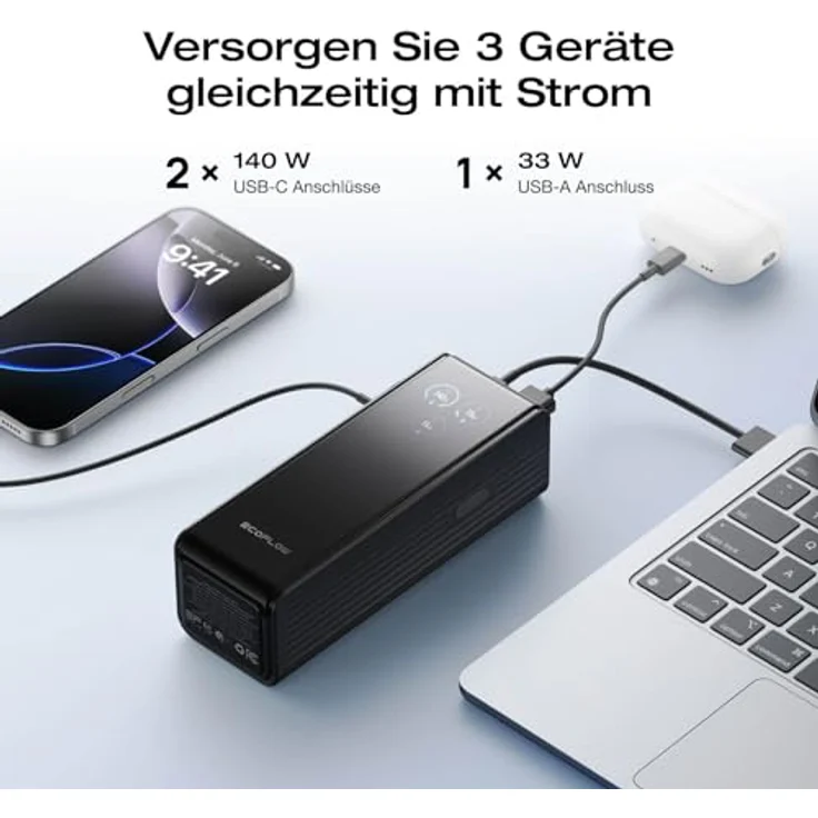 EF ECOFLOW Rapid Powerbank 25 000 mAh 170 W, tragbares Ladegerät mit zwei 140 W USB-C-Anschlüssen, Smart TFT-Display, schwarz – Bild 4