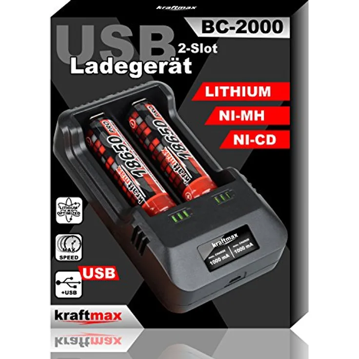 kraftmax BC-2000 USB Akku Ladegerät für 18650 | 26650 | 14500 | 16340 | CR123 | 3,7V Lithium und Mignon AA | Micro AAA NIMH Akkus - Ideal zum Aufladen von Sony 18650 Pro Akkus Li-Ion Smart Charging