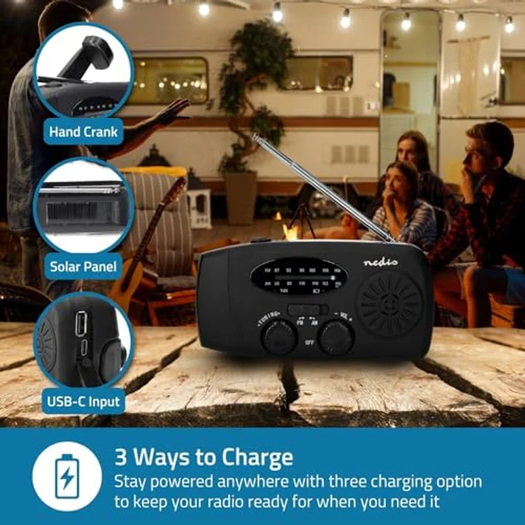 Nedis Notfallradio AM/FM, tragbares Akku-Radio mit Powerbank-Funktion, Handkurbel und Solarpanel – Bild 6