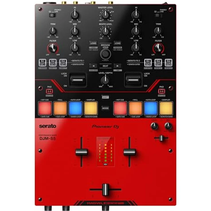 Pioneer DJ DJM-S5 Battlemixer, 2-Kanal Mischpult mit MAGVEL FADER PRO, Effekten und integriertem Audio-Interface, Schwarz, Rot – Bild 2