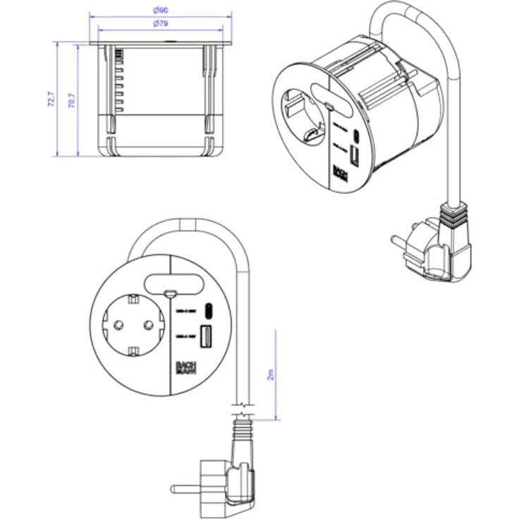 BACHMANN Einbausteckdose Loop IN Charge 1x Steckdose 1x USB A/C 22W mit Kabeldurchführung 2m Zuleitung für Büro, Besprechungsraum und Wohnraum in Weiß – Bild 5