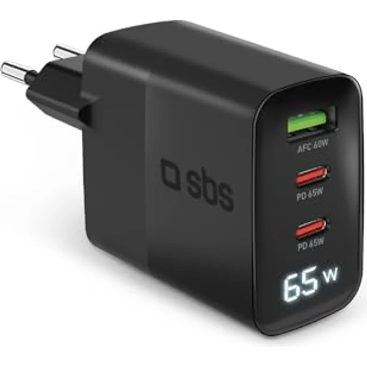 SBS 65-Watt-Ladegerät mit LCD-Display, Power Delivery-Technologie, EU-Wandsteckdose, schwarz – Bild 1