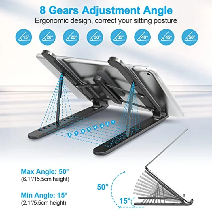 AOVUYCK-Store Laptop Ständer, 8-Stufe Einstellbar Laptop Stand, Tragbar Höhenverstellbarer Belüfteter Laptopständer, Notebook Ständer für MacBook, Lenovo, Dell, 10-15,6'' Laptops, Tablets, Notebooks. – Bild 3