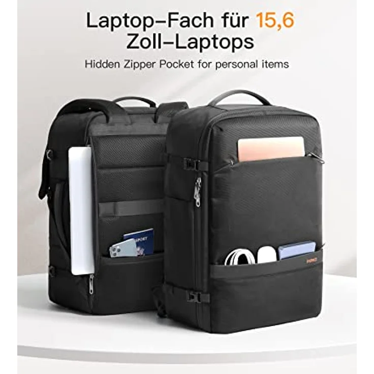 Inateck 42L Supergroßer Handgepäck Reiserucksack für 15,6 Zoll Laptop Notebooks, Flug Genehmigt Kabinenrucksack - Schwarz – Bild 4