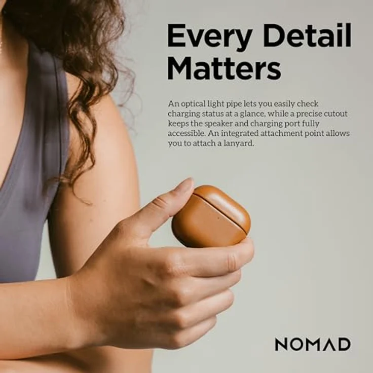 NOMAD Modern Leather Case für Airpods 4 | Robuste Schutzhülle aus Polycarbonat und Echtleder, gummierte TPE-Bumper, kabelloses Laden, English Tan – Bild 8