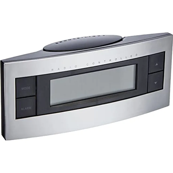 TFA Dostmann Digitaler Funk-Wecker, 60.2511, Zeitzone, manuell einstellbar, Uhrzeit/Wochentag und Datum, schwarz/silber, L 128 x B 43 x H 55 mm