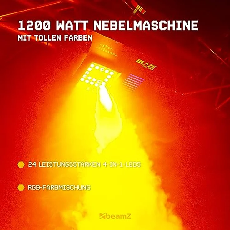 BeamZ BLAZE1200, Nebelmaschine mit 1200 Watt Leistung, 24x 4 Watt 4-in-1 RGBA-LEDs, vertikal und horizontal verwendbar, LCD-Display und Fernbedienung mit Timerfunktion – Bild 4