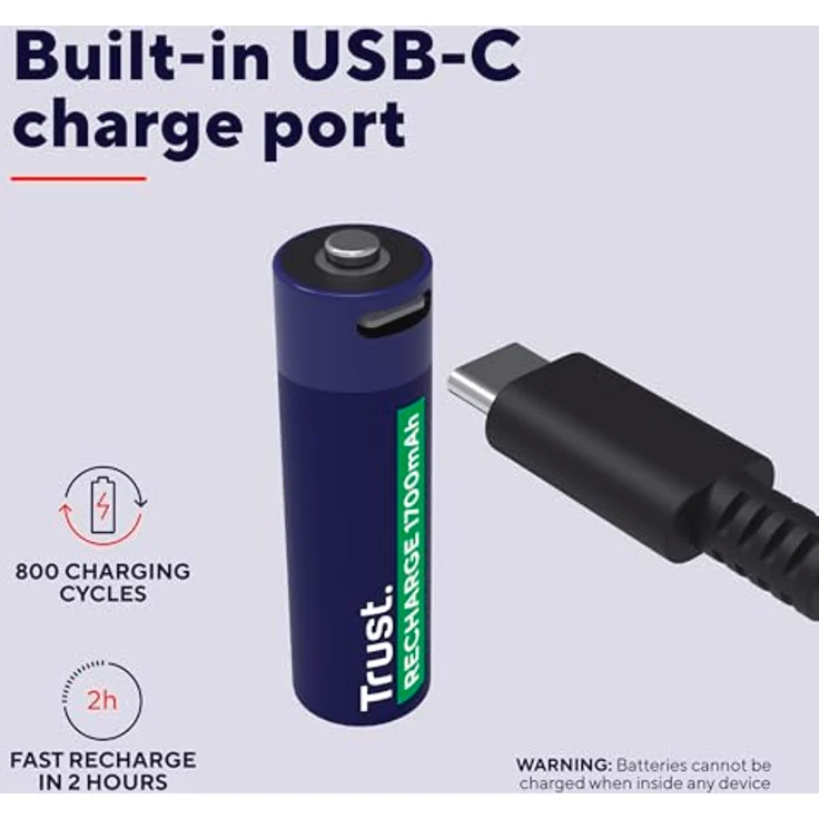 Trust USB-C Wiederaufladbare Batterien AA 4 Stück, 1700 mAh, grüne LED-Akkustatusanzeige, 2 Stunden Schnellladung – Bild 3