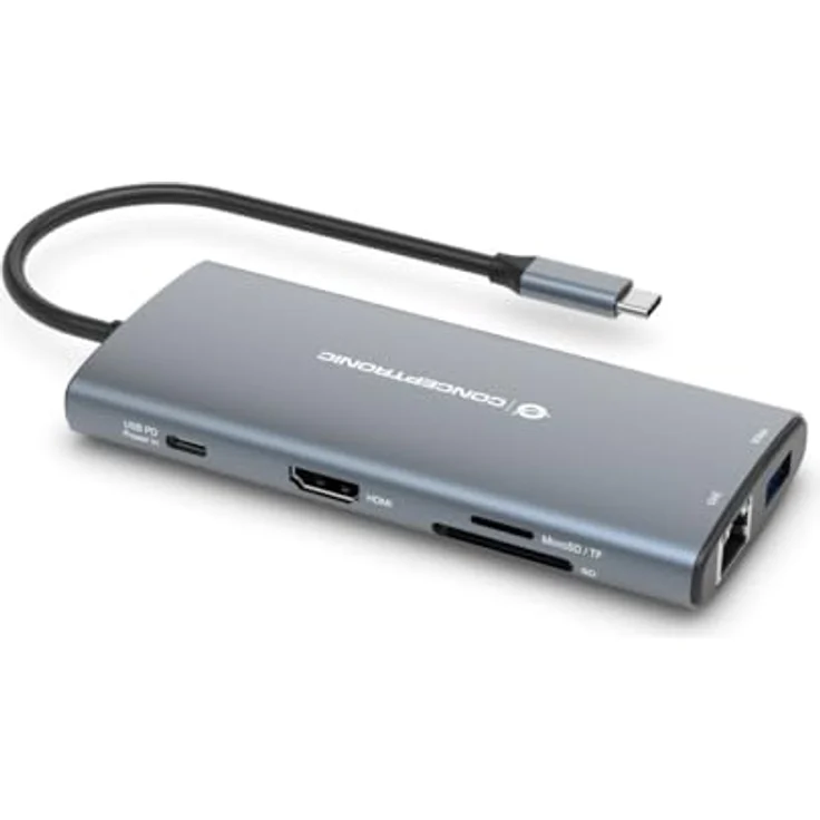 Conceptronic Dock USB-C->HDMI,2xUSB-C,100WPD, 20cm gr - 10-in-1 Multiport-Adapter mit 4K Auflösung, Gigabit Ethernet und SD/TF Slots – Bild 4