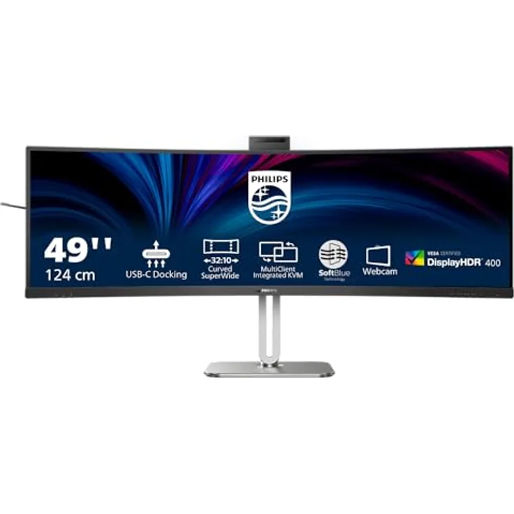 Philips 49B2U6900CH - 49 Zoll DQHD Curved Monitor, Webcam, Mikrofon, RJ45, höhenverstellbar (5120x1440, HDMI, DisplayPort, USB-C, USB Hub) schwarz