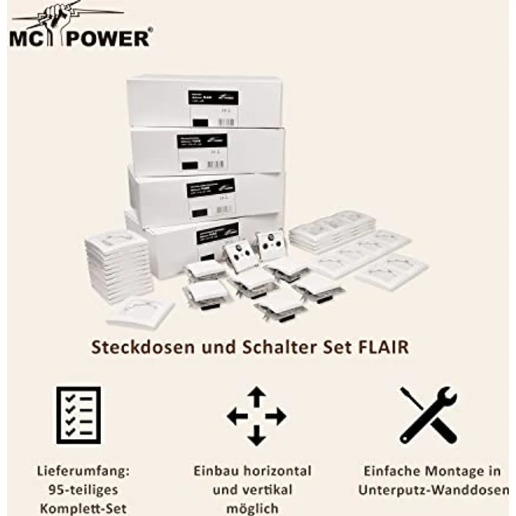 McPower Wand Steckdosen Schalter Set Unterputz I FLAIR | Einfamilienhaus 95-teilig I in weiß, matt 🇩🇪 Innovation und Qualität, entwickelt in Deutschland – Bild 5