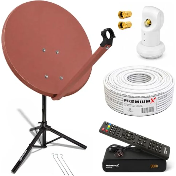 PremiumX SAT Anlage 80cm Ziegelrot, Satellitenantenne mit Single LNB, Kabel, F-Stecker, Stativ und Receiver – Bild 1
