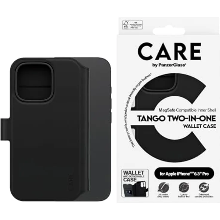 PanzerGlass Care Tango-Schutzhülle aus Leder für Apple iPhone 16 Pro 16 cm (6,3 Zoll) 2024, 4,5 m Fallschutz, 2-in-1-Brieftaschen-Hülle, 3 Kartenfächer, abnehmbare magnetische Rückseite, erhöhte Einfassung, Schwarz