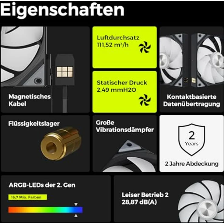 TRYX ROTA SL ARGB Lüfter, 3er-Pack, 120 mm, schwarz, mit magnetischem Kabel und Anti-Vibrationspads – Bild 2