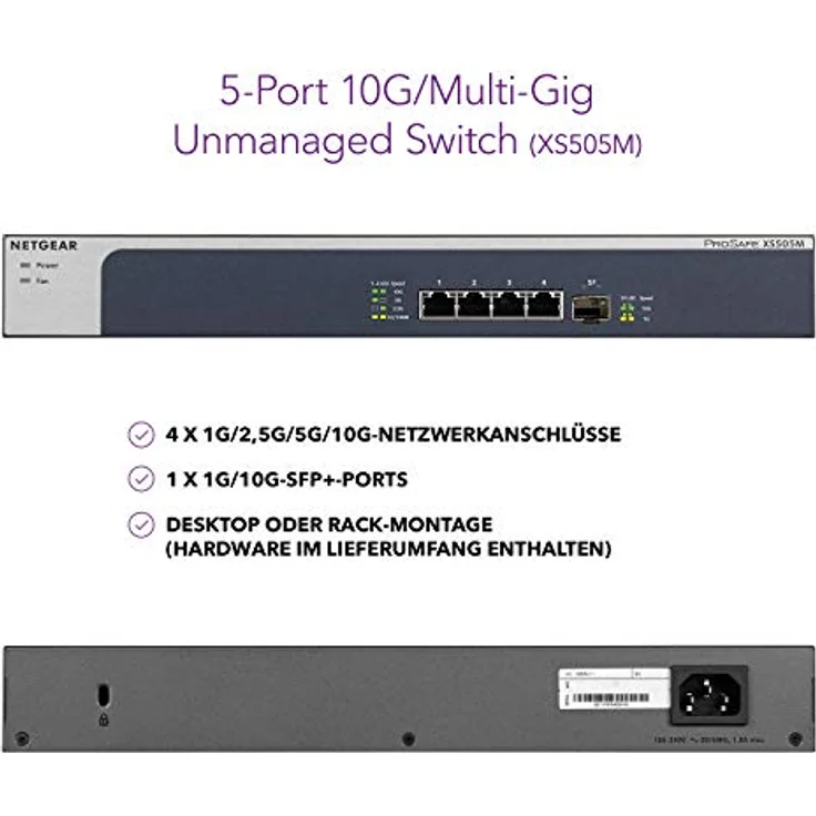 Netgear XS505M 5-Port 10G Multi-Gigabit Ethernet LAN Switch Unmanaged (mit 1x 10G-SFP+, Desktop- oder Rack-Montage mit ProSAFE Lifetime-) schwarz, grau – Bild 2