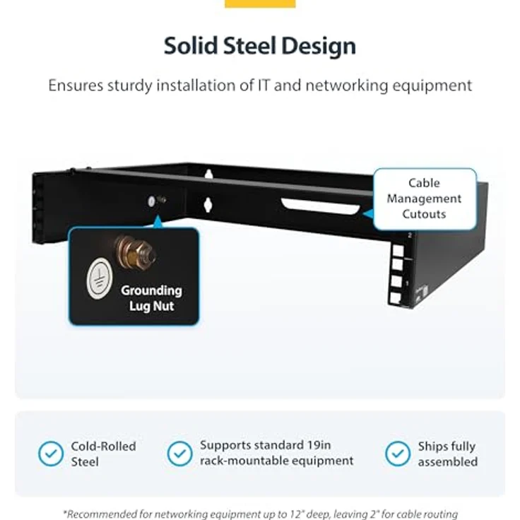 StarTech com Support de Réseau Mural 2U - 14In. Profondeur (profil bas) - Support pour Panneau de Br, Serverschrank, Schwarz – Bild 4