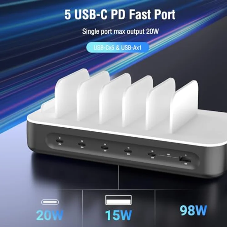 4smarts Ladestation „Team 5C/1A“, Induktions-Ladegerät mit 6 Anschlüssen, 5x USB-C und 1x USB-A, inklusive 4in2-Multiladekabel, schneller 20W Ladeleistung, Sicherheitsmechanismen – Bild 3