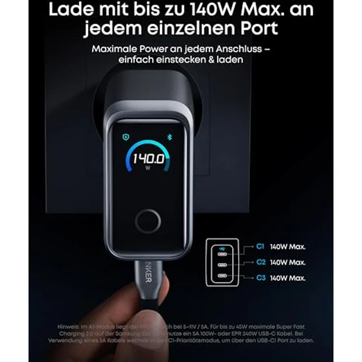 Anker Prime Ladegerät 160W, kompakter GaN USB-C Ladeblock mit 3 Ports, Smart Display und Touch-Steuerung, ultra-schnelles 140W Laden für Laptop, MacBook, iPad, iPhone 17/16/15 Serie – Bild 4