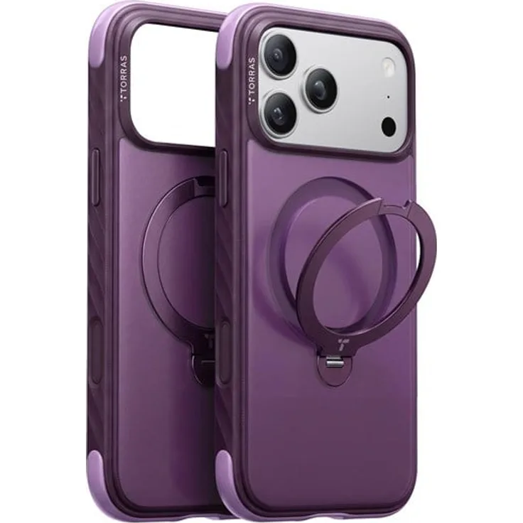 Torras Ostand Q3 Rugg, robuste Handyhülle mit 360° drehbarem Ständer und MagSafe-Kompatibilität, lila, für iPhone 18 Pro