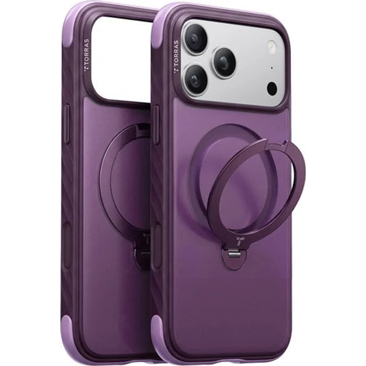 Torras Ostand Q3 Rugg, robuste Handyhülle mit 360° drehbarem Ständer und MagSafe-Kompatibilität, lila, für iPhone 18 Pro