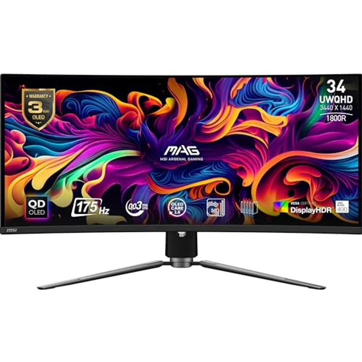 MSI MAG 341CQPDE QD-OLED 34" UWQHD Curved Gaming Monitor - 1800R, 3440 x 1440 Quantum Dot OLED Panel, 175Hz / 0.03ms, 99% DCI-P3, ΔE≤2, DisplayHDR True Black 400, KVM - DP 1.4a, HDMI 2.1 - Schwarz – Bild 1