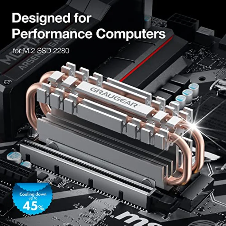 GRAUGEAR| M.2 NVMe SSD (2280) Heatpipe-Kühlkörper | lautloser Kühler | reduziert die Temperatur um bis zu 45% | 4xWärmeleitpads | Kupfer-Heatpipe | G-M2HS06 – Bild 2