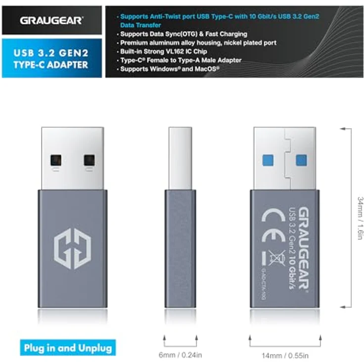 GRAUGEAR USB-C zu USB Adapter - Blitzschnelle 10 Gbit/s Datenübertragung, Dual-Seiten USB-C, Type-C Buchse zu Type-A Stecker, Grau – Bild 2