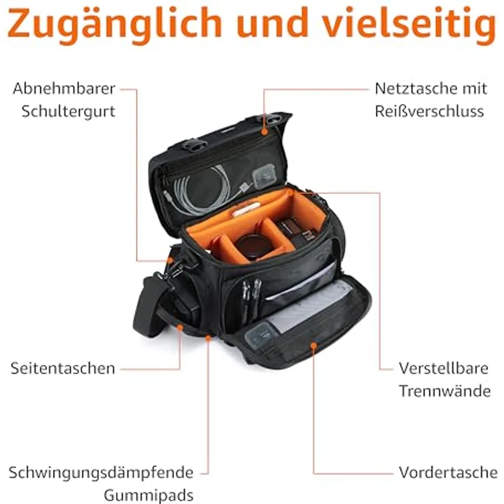 AmazonBasics - Große L Umhängetasche für SLR-Kamera und Zubehör, schwarz mit orange Innenausstattung – Bild 3