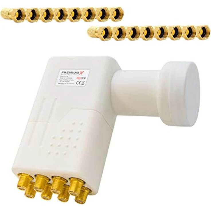 Premium X Octo LNB Weiß Direktanschluss 8 Teilnehmer Receiver Satellit TV Signalumsetzer HD 4K inkl. 16x F-Stecker vergoldet mit Dichtring – Bild 1
