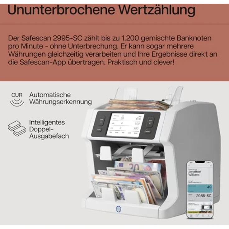 Safescan 2995-SC Geldzählmaschine, 11-fache Echtheitsprüfung, Fitness-Sortierung und Wertzählung für gemischte Banknoten, inklusive kostenloser Safescan-App – Bild 3